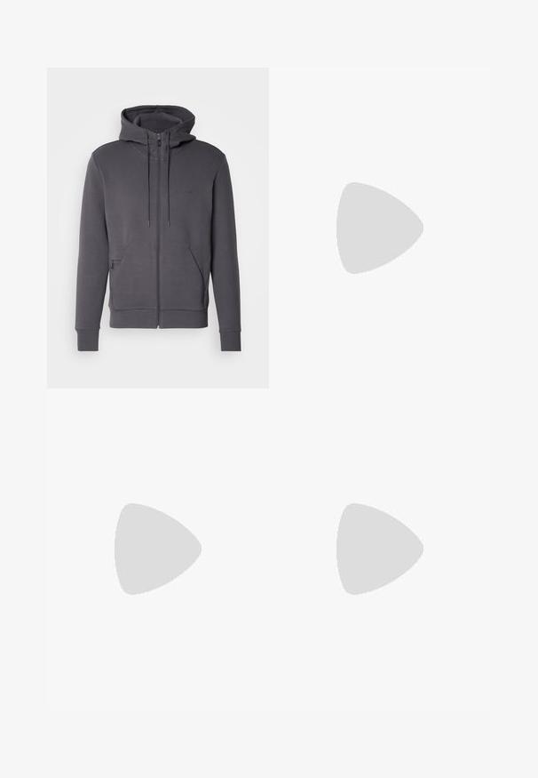 Szürke zipzáras kapucnis pulóver sima textúrával, állítható húzózsinórokkal, kenguru zsebekkel és bordázott mandzsettákkal. Diszkrét logóval a mellkason.; Fekete pamut póló kerek nyakkivágással, rövid ujjakkal és fehér „BOSS” logóval a mellkas közepén. Simaság jellemzi, laza szabású.; Fekete melegítőnadrág, puha anyagból, elasztikus derékkal, zsinórral és szűkülő lábakkal. Oldalt egy kis logó található.; Fekete futócipő, texturált felülettel, világosszürke díszítésekkel és három északi csíkkal barnában. Fehér párnázott talpával rendelkezik.