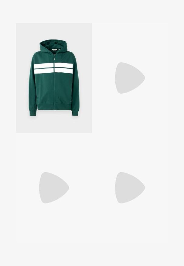 Green zip-up hoodie made of soft fabric, featuring a lined hood and two white horizontal stripes across the chest. Ribbed cuffs and hem.; White short-sleeve T-shirt in a ribbed texture. Round neckline, relaxed fit, no visible patterns or accents. Simple and versatile design.; Beige cargo pants made of cotton, featuring two side pockets, a button closure, and straight legs with a slightly textured fabric.; White athletic shoes featuring a textured knit upper, flat laces, and a cushioned sole with visible air chambers for added support.