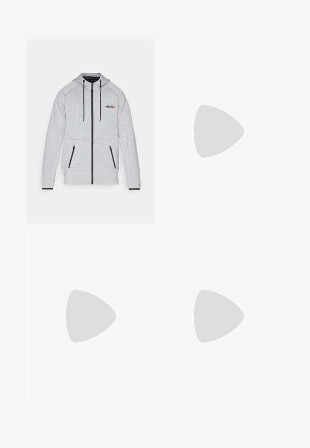 Siva zip-up dukserica s kapuljačom, crnim vezicama, bočnim džepovima sa zipom i rebrastim manžetama. Ima mali logo na grudima.; Bijela majica s okruglim izrezom, izrađena od pamuka, s kratkim rukavima i malim logotipom izvezenim na lijevoj strani prsnog područja. Meka tekstura.; Sive trenirke od mekog pamuka, s elastičnim pojasom, suženim nogavicama i malim logom na lijevoj strane džepa.; Bijele atletske tenisice s glatkim sintetičkim gornjištem, crnim logotipom i perforiranim detaljima sa strane. Guma potplat.