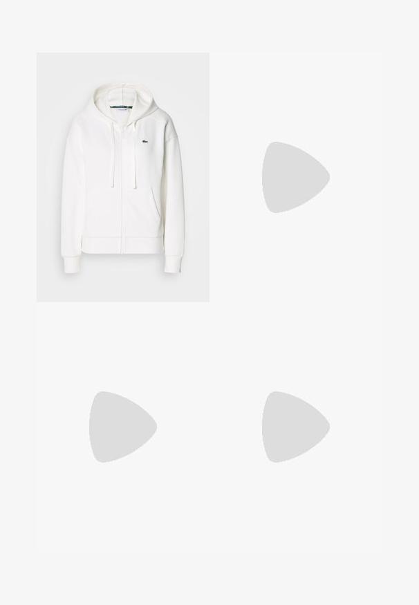 White zip-up hoodie made of soft fabric, featuring a hood, kangaroo pockets, and a small green Lacoste logo on the left chest.; White cotton T-shirt with a round neckline and short sleeves. Features a green embroidered logo on the chest. Soft texture, relaxed fit.; White sweatpants made of soft, knitted fabric. Elastic waistband and cuffs provide a relaxed fit. Minimalist design, no visible patterns or accents.; White leather sneaker with a smooth texture, round toe, perforated details, a green crocodile logo, and "Lacoste" branding on the side.