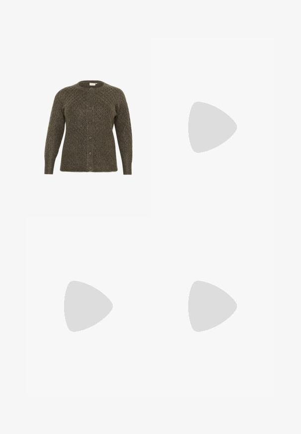 Cardigan tricotat de culoare verde măsliniu, cu modele în diamant, guler rotund și butoane frontale. Dispune de mâneci lungi și o textură distinctă.; Tricou alb din bumbac cu guler rotund, mâneci scurte și un design ajustat. Textură netedă, fără modele sau embellismente.; Pantaloni albi cu picioare largi, confecționați dintr-un material moale, având o talie elastică cu șnur și două buzunare laterale. Design simplu și curat.; Sandale albe cu toc înalt și gros, cu un design cu curele și legătură la gleznă. Textură netedă, cu o platformă frontală pentru înălțime suplimentară.