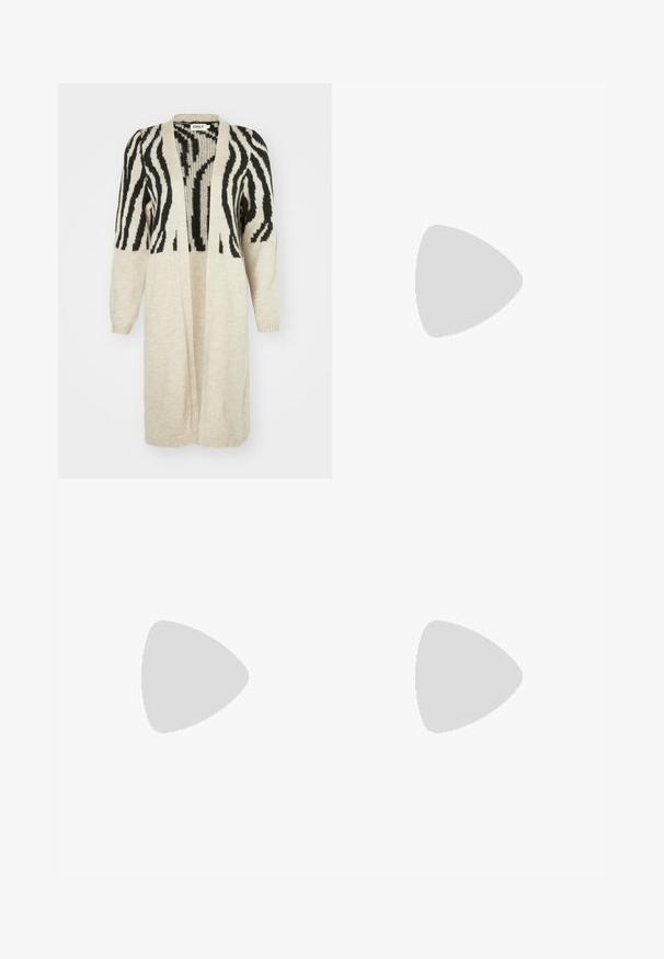 Knit cardigan with black and beige zebra stripe pattern, open front, long sleeves, and ribbed cuffs and hem. Soft texture, lightweight design.; Three long-sleeve tops stacked: black, grey, and white. Each has a round neckline and a cropped design with smooth, lightweight fabric.; Black flare leggings made from stretchy fabric. Features a wide waistband and a smooth texture, with a fitted silhouette that flares at the hem.; Gray suede sneakers with white laces, black stripes, and a white rubber sole. Features a circular logo on the tongue and a gum sole.