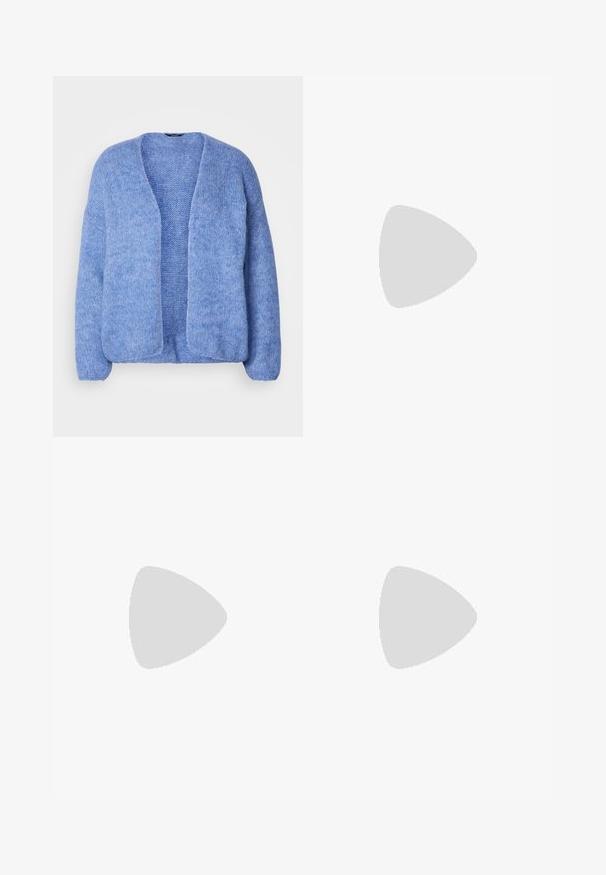 Lindex CARDIGAN VANESSA - Cardigan - blue; Long-sleeve black and white striped shirt with a wide neckline. Made of soft fabric, featuring even horizontal stripes.; Dark blue flared jeans made of denim, featuring a high waist, gold stitching accents, and two front pockets with a button closure.; White high-top canvas sneaker with black rubber sole, front rubber toe cap, and six eyelets for laces, featuring a clean, minimalist design.