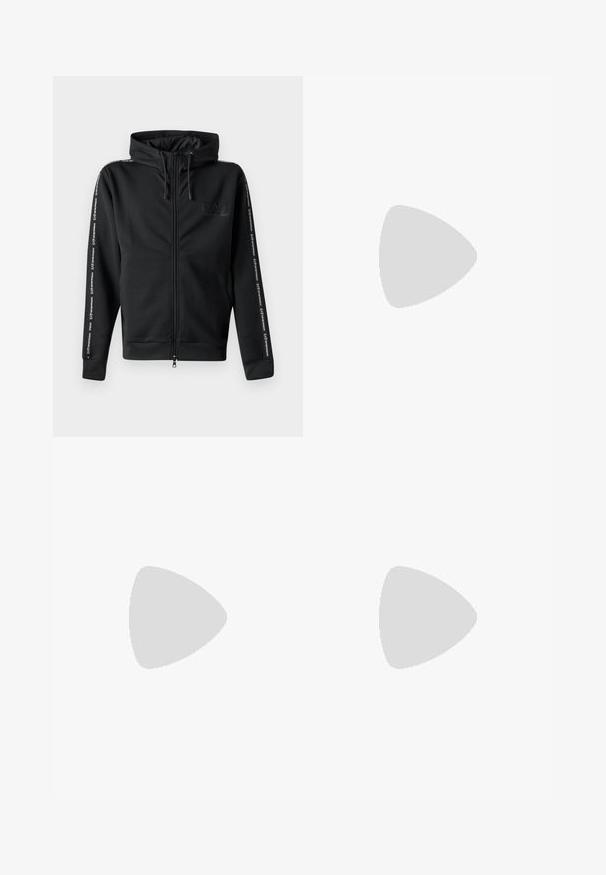 Black zip-up hoodie with drawstring hood, featuring logo on chest and patterned tape down sleeves. Made of smooth fabric with a relaxed fit.; White cotton t-shirt featuring a round neckline and short sleeves, with a gold EA7 Emporio Armani logo printed on the front.; Black athletic shorts made of soft fabric,Featuring an elastic waistband and a small yellow EA7 logo on the lower left leg.; White leather sneaker with a smooth finish, round toe, flat laces, and a textured sole. Features a subtle logo on the heel.; Black rectangular sunglasses with dark lenses, thick plastic frame, gold accents on temples, and brand logo engraved on the arm.