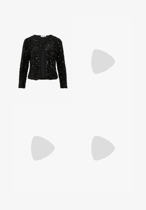 Black sequin jacket with a round neck and open front, featuring long sleeves and a textured surface with shiny accents throughout.; White ribbed tank top featuring a round neckline, sleeveless design, and a cropped length. Label reads "JJXX." Smooth fabric texture.; Black, wide-leg pants with an elastic waistband, made from smooth fabric. Features a clean design with no pockets or visible stitching details.; Black and gray suede sneaker with a large cream-colored "N" logo, purple laces, and a textured gum rubber outsole.