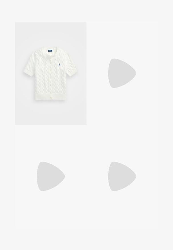 Cardigan blanc à manches courtes avec motif en tricot torsadé, col rond, fermeture à boutons et un petit logo bleu sur la poitrine gauche.; Chemise blanche à manches longues, en coton, avec un col rond, ornée d'un petit logo marine sur la poitrine gauche. Design simple, coupe standard.; Pantalons larges blancs à taille haute, avec une fermeture à bouton et des détails de couture subtils. Fabriqués en coton avec une texture lisse.; Baskets blanches en cuir avec une finition lisse, accents navy et un petit logo sur le côté. Elles disposent de lacets plats et d'une semelle en caoutchouc texturée.