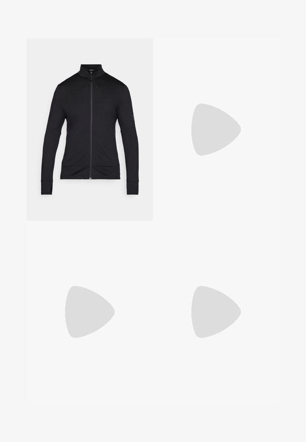 Lagani crni zip-up kaput s visokim ovratnikom, dugim rukavima i glatkom teksturom. Ima minimalistički dizajn s suptilnim detaljima šivanja.; Crna majica kratkih rukava od pamuka, s okruglim izrezom i malim bijelim logotipom na gornjem lijevom dijelu prsnog koša.; The North Face HORIZON PANT - Hlače za otvoreno - black; Crne trail trkačke cipele s teksturiranim gornjim dijelom, gumeni potplat i ojačana zaštita za prste. Imaju podstavljen ovratnik i trakicu za lakše obuvanje.