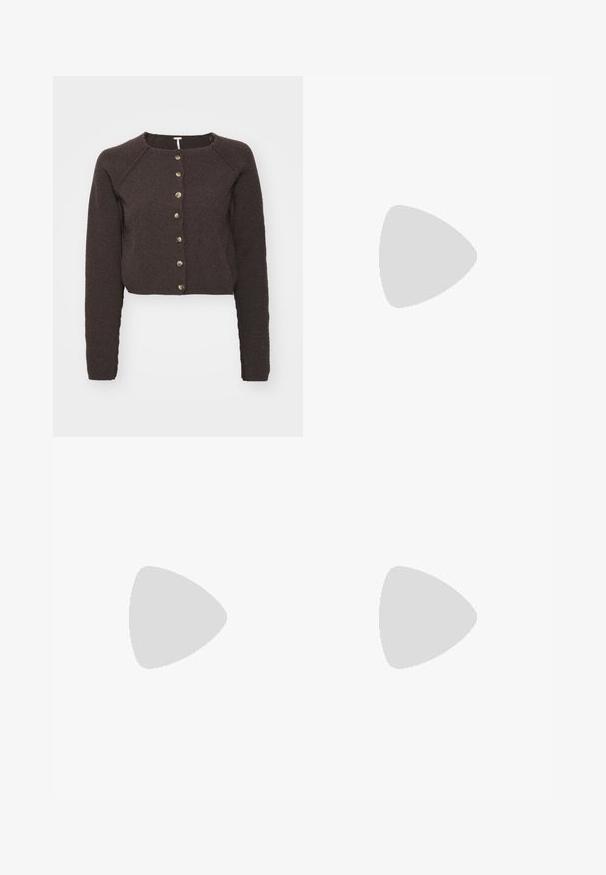 Cardigan castanho curto com mangas longas, tecido texturizado e sete fechos de botão à frente. Apresenta mangas raglan e um decote redondo.; Conjunto de três t-shirts de manga curta nas cores preto, cinza e branco. Feitas em algodão, com gola redonda e um design simples, em cores sólidas.; Calças atléticas castanhas com uma textura canelada, cintura elástica e riscas laterais turquesa. Apresentam o logo da adidas na frente.; Sapatilha atlética de camurça castanha com riscas e logótipo rosa, apresentando um upper texturizado, fecho de atacadores e uma sola de borracha de goma.