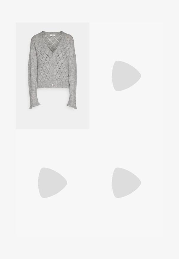 Gray knitted cardigan with a V-neck, diamond pattern, and button closures. Features ribbed cuffs and cropped hem. Soft texture.; White cotton t-shirt with short puff sleeves, featuring small silver embellishments along the sleeves. Classic round neckline, relaxed fit.; Wide-leg denim trousers featuring a light to dark blue gradient, high waist, belt loops, and a matching fabric belt. Textured denim finish.; White platform sneakers made of smooth synthetic material, featuring a rounded toe, lace-up design, and a textured rubber sole. Black heel accent.