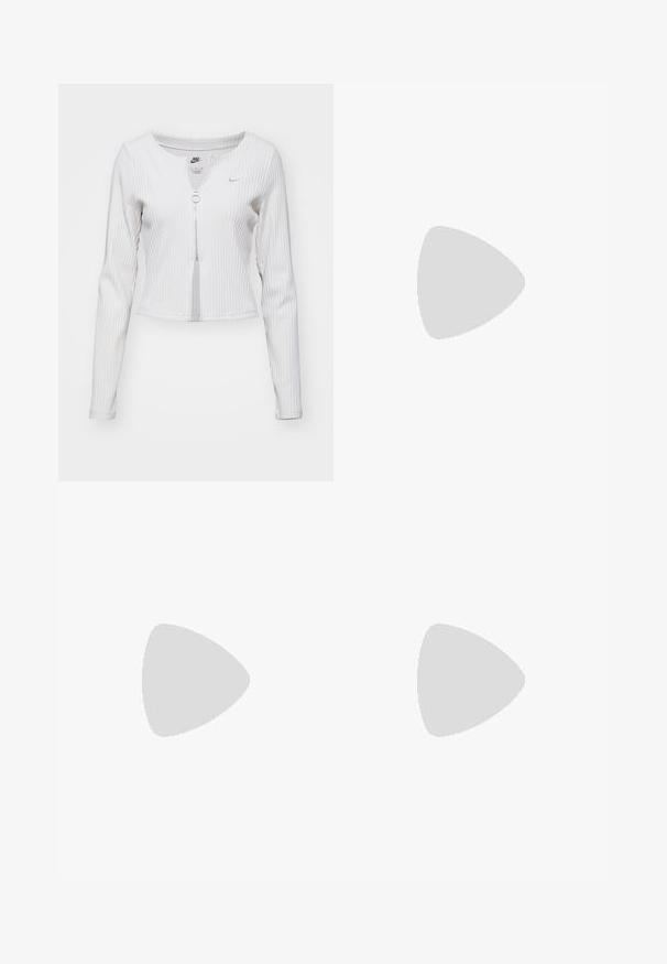 White ribbed long-sleeve top with a round neckline, front zipper closure with circular pull, and a small logo on the chest.; Black cropped T-shirt made of soft cotton, featuring a white ribbed crew neck and cuff accents, with a prominent white Nike logo on the front.; Black wide-leg pants made of lightweight fabric, featuring a navy blue side panel and an elastic waistband. Small white logo on bottom.; Black Nike sneakers with white accents, featuring a smooth leather texture, lace-up design, and rounded toe, positioned on a glass chair.