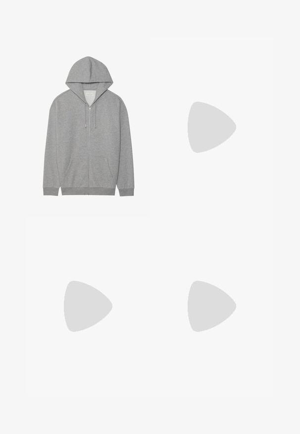 Gray zip-up hoodie with a large hood, front pockets, and ribbed cuffs. Made from soft, textured fabric with a relaxed fit.; Set of five t-shirts in black, white, and navy blue. Cotton fabric, short sleeves, crew neck design, and plain texture with no patterns.; Light blue denim wide-leg jeans with a high waist, featuring five pockets, belt loops, and a soft, slightly faded texture.; White and gray sneakers with black stripes, made of leather, featuring a rubber sole and flat laces. Worn with navy pants on a wooden floor.