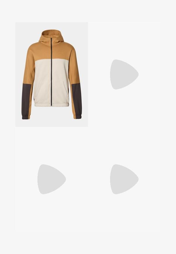 Sudadera con capucha que presenta un diseño a bloques de color en beis claro, marrón y marrón oscuro. Con cremallera frontal, dos bolsillos laterales y puños elásticos.; Camiseta blanca de manga corta fabricada con una tela de textura suave. Presenta un logo negro de adidas en el lado izquierdo del pecho y un cuello con un patrón.; Pantalones de chándal negros con cintura elástica, cordón ajustable y rayas diagonales blancas en la pierna izquierda, con puños en los tobillos.; Zapatillas de running ligeras en azul pálido con rayas negras. Presentan una parte superior suave, puntera redonda y una gruesa mediasuela blanca etiquetada como "LIGHTSTRIKE PRO".