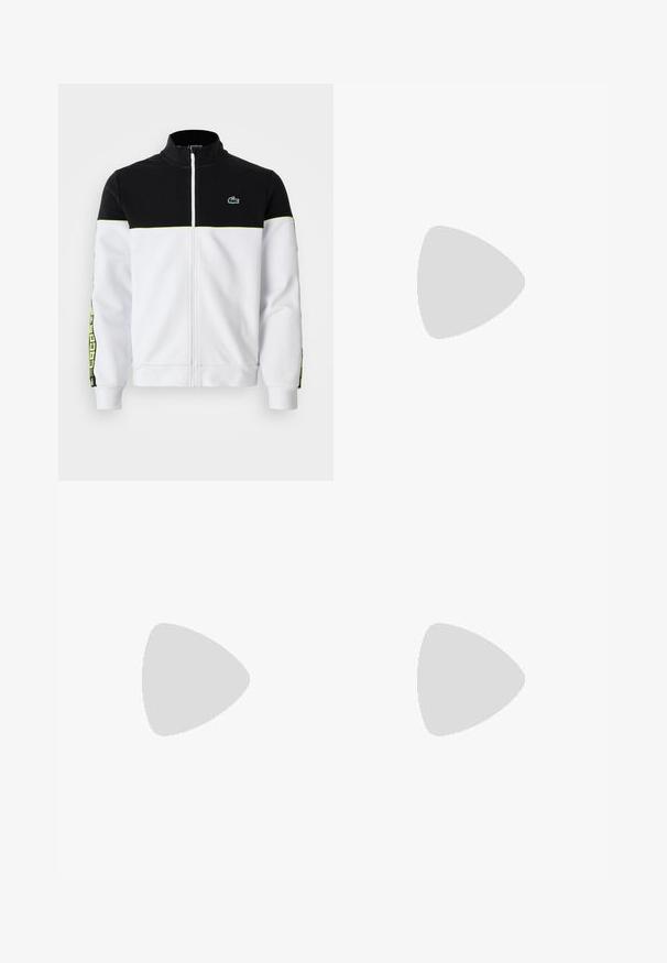 Full-zippad jacka med svart överdel, vit underdel, neongrön trim, mönstrade sidostråk och liten grön krokodil-logotyp på bröstet.; Vit kortärmad Nike-t-shirt i slät syntetisk material, med en svart logotyp på vänster sida av bröstet.; Vita sportshorts med elastisk midja, två sidofickor och en liten svart logotypdetalj framtill nere. Slät textur.; Vit idrottssko med texturerat mesh-övre, svart gummisula och turkosa Nike-logga som accent. Har snören och vadderad krage.