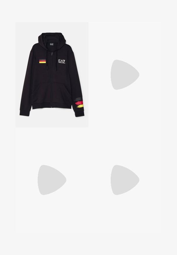 EA7 Emporio Armani Zip-up sweatshirt - nero; Black t-shirt made of cotton with short sleeves, featuring a glossy gold graphic of the number 7 and horizontal lines on the front.; Black athletic shorts made of soft fabric,Featuring an elastic waistband and a small yellow EA7 logo on the lower left leg.; White leather sneaker with a smooth finish, round toe, flat laces, and a textured sole. Features a subtle logo on the heel.