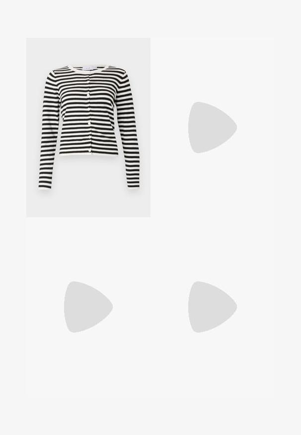 Cardigã às riscas em preto e branco, com mangas longas, decote redondo, fecho frontal com botões e textura de malha suave.; Top pérola canelado branco com um logótipo bordado preto centrado no peito. A gola e as cavas têm um acabamento discreto.; Jeans de perna larga de cor azul escuro, feitos de denim, com costura dourada, fecho de botão e bolsos frontais. Textura suave, design casual.; Bailarinas em couro sintético borgonha com bico redondo, pequeno laço na frente e sola baixa em borracha preta. Textura suave.