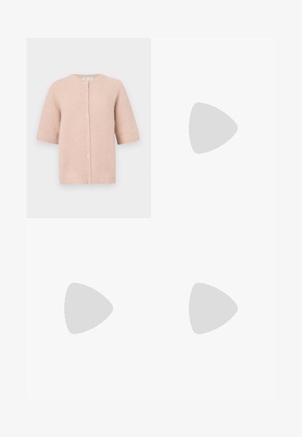 Short-sleeve cardigan in soft pink knit, featuring a round neckline and a row of buttons down the front, with a slightly textured finish.; White short-sleeve t-shirt made of lightweight cotton. Features a round neckline and rolled sleeves. Red logo tag on the collar.; Light blue flared jeans made from denim, featuring a high waist, pockets, and frayed hems. The fabric displays a faded wash and subtle texture.; Black leather loafers with a smooth finish, stitched detailing around the toe, and a low rubber sole. Paired with wide black trousers.