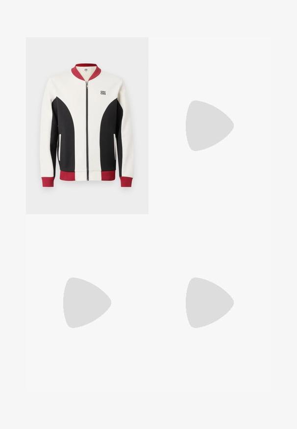 Cazadora bomber con cremallera en una combinación de colores crema, negro y granate. Presenta un cuello acanalado, paneles contrastantes y un logo en el pecho.; Dos camisetas apiladas: una blanca y una negra. Con mangas cortas, cuellos redondos, fabricadas en algodón. Presentan un pequeño logotipo azul en el cuello.; Pantalones negros con diseño plisado, forma de pierna ancha y textura suave. Presenta una etiqueta de cintura roja.; Zapatilla negra de cuero con parte superior texturizada, cuello acolchado y detalle del logo en rojo. Presenta una suela de goma gruesa con un patrón de relieve distintivo.