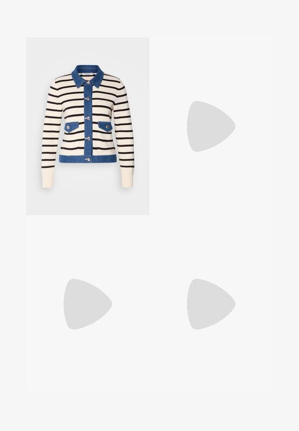 Randig cardigan med en krämfärgad bas och svarta ränder, denimkrage och fickor. Framhållande knappar och kontrasterande denimdetaljer.; Vit bomullstopp med vid halsringning och tunna axelremmar. Slät textur utan synliga mönster eller dekorationer.; Breda byxor i marinblått, tillverkade av lättviktig tyg. Har en något texturerad yta, elastisk midja och framseams.; Vit lädersneaker med en slät yta, beige mockadetaljer, rund tå, platt snörningsdesign och en texturerad gummisula.