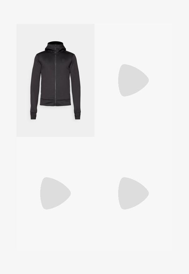 Didriksons ACKE FULLZIP  - Sweat zippé - black; T-shirt blanc à manches longues en coton avec un col rond. Présente un petit logo noir sur la poitrine. Texture lisse, coupe régulière.; Pantalons de survêtement noirs avec une taille à cordon de serrage, coupe fuselée, poignets élastiques et un petit logo blanc sur la cuisse gauche, fabriqués en tissu lisse.; Chaussures d'extérieur noires en matériau synthétique et en maille, présentant une tige texturée, un système de lacets sécurisé et une semelle extérieure robuste, sur un terrain rocailleux.