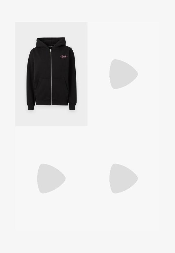 H hoodie zippé noir avec une fermeture éclair sur le devant, deux grandes poches et un logo brodé rose sur la poitrine. Fabriqué en tissu en coton texturé.; Top court côtelé noir avec un col rond et sans manches. Fabriqué en tissu extensible et texturé. Étiquette mentionne "Urban Classics."; Shorts de sport noirs avec une taille élastique, comportant des rayures blanches sur les côtés et une poche zippée sur le côté droit. Logo Adidas en bas à gauche.; Bottine en cuir marron avec rembourrage noir, œillets dorés et semelle texturée. Présente un logo circulaire sur le côté et des accents de couture.