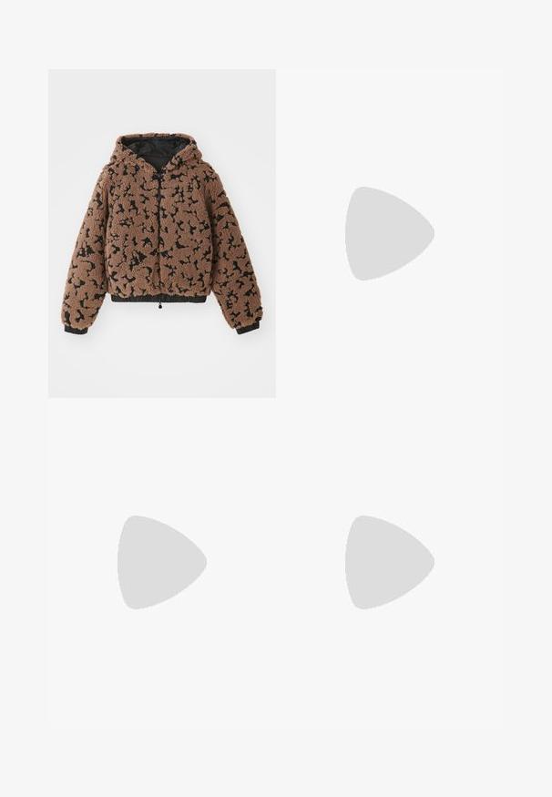 Brown and black patterned fleece hooded jacket with elastic cuffs and hem, front zipper closure, and black inner lining.; White short-sleeve t-shirt made of ribbed fabric. Round neckline, regular fit, and subtle stitching details. No patterns or graphics.; Knit white midi skirt featuring a textured pattern with vertical lines and cut-out details near the hem. Elastic waistband. Soft material.; Black leather ballet flat with a rounded toe, smooth texture, minimal stitching detail, and a flexible sole design.; Brown leather handbag with a flap closure, gold-tone hardware, a shoulder strap, and a smooth texture. Compact rectangular shape.