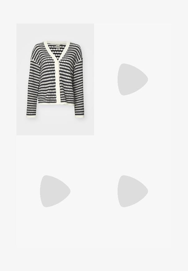 Button-up cardigan featuring navy and cream stripes, knit texture, v-neckline, and ribbed cuffs. Four buttons along the front for closure.; White ribbed tank top featuring a round neckline, sleeveless design, and a cropped length. Label reads "JJXX." Smooth fabric texture.; Black, wide-leg pants with an elastic waistband, made from smooth fabric. Features a clean design with no pockets or visible stitching details.; Black and gray suede sneaker with a large cream-colored "N" logo, purple laces, and a textured gum rubber outsole.