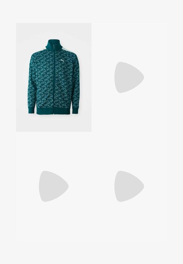 Veste zippée teal dotée d'un motif de logo répétitif, avec un col et des poignets côtelés, et des accents blancs le long des épaules.; T-shirt en coton noir avec un col rond, des manches courtes et un petit logo Dickies rouge et blanc sur la poitrine. Coupe classique.; Pantalons cargo en denim noir avec jambes droites, dotés de poches latérales, d'une fermeture à bouton en métal et de coutures ton sur ton. Tissu texturé.; Baskets de sport noires et violettes avec un dessus texturé, des lignes d'accent vertes et une semelle en caoutchouc à motif ondulé. Fermeture à lacets.