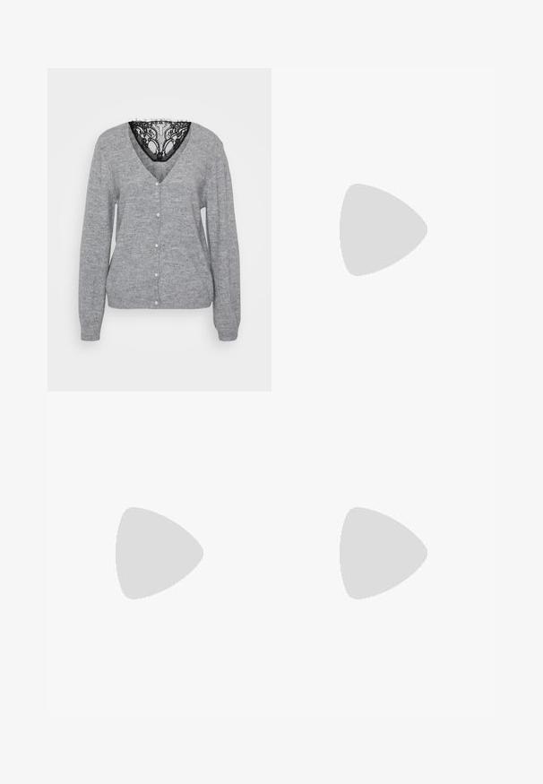 Gray cardigan made of soft knit material, featuring a V-neck, pearl buttons, and a black lace detail at the neckline. Long sleeves included.; White linen shirt with long sleeves, button-down collar, and front buttons. Features a small blue embroidered logo on the chest.; Light blue denim jeans with a straight cut, five-pocket design, and a button fly. Features subtle fading and orange stitching accents.; Burgundy patent leather shoes with a square toe and ankle strap, paired with light blue loose-fit jeans. The shoes have a glossy finish.