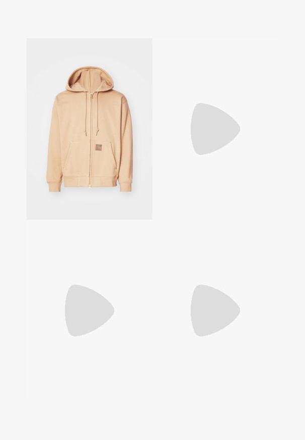 Beige zip-up hoodie made of soft fabric, featuring a drawstring hood, front pockets with gold accents, and a brown logo patch.; White T-shirt made of cotton, featuring a black round neckline and three black stripes on each shoulder. Small black logo on the chest.; Black sweatpants with a relaxed fit, elastic waistband, drawstring, side pockets, and three subtle horizontal stripes at the ankle.; Black and white athletic shoes with suede and synthetic upper, featuring three distinct white stripes, rubber sole, and gold "Predator" text.