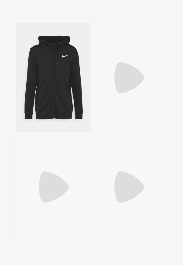 Sort zip-up hoodie lavet af blødt stof, med en frontlomme, justerbar snørehætte og et hvidt Nike-logo på brystet.; Hvid ærmeløs sportsskjorte lavet af letvægtsmateriale. Har rund halsudskæring og et lille sort Nike-logo øverst til venstre.; Sorte Nike joggers med elastisk talje, tapered ben og en diskret logo-accent. Fremstillet af glat stof med et enkelt design.; Hvide træningssko med en mesh-overdel og struktureret detaljering, med et sort swoosh-logo på siden og en polstret hvid sål.