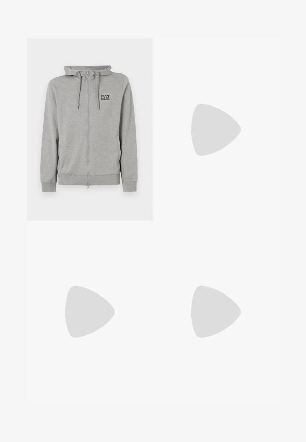 Sivá Mikina na zips s kapucňou na šnurovanie, rebrovanými manžetami a logom EA7 na hrudi. Vyrobená z jemnej, textúrovanej tkaniny.; Biela bavlnená tričko s okrúhlym výstrihom a krátkymi rukávmi, na prednej strane s potlačou zlatého loga EA7 Emporio Armani.; Čierne športové šortky vyrobené z jemného materiálu, s elastickým pásom a malým žltým logom EA7 na dolnej ľavej nohe.; Biele kožené tenisky s hladkým povrchom, okrúly špičkový dizajn, ploché šnúrky a textúrovaná podrážka. Obsahujú jemné logo na päte.