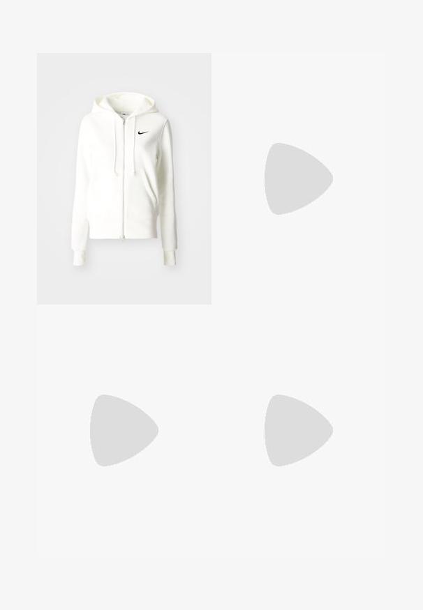 Bijela zip-up dukserica od mekog materijala, sa crnim Nike logom na gornjoj lijevoj strani, kapuljačom i prednjim džepovima.; Bjela pamučna majica s klasičnim okruglim izrezom, kratkim rukavima i prilagođenim oblikom. Nema vidljivih uzoraka ili akcenta.; Sive trenirke s elastičnim pojasom, detaljem za vezanje, i malim bijelim Nike logom na lijevom bedru. Mekana tkanina, širokog kroja.; Bijele kožne tenisice s sivozlatnim naglascima, perforiranim prstom, ravnim vezicama, udobnim ovratnikom i teksturiranom gumena potplatom.