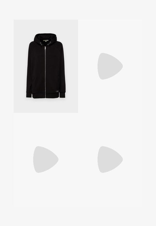 MICHAEL Michael Kors CLASSIC ZIP UP RAGLAN HOODIE - Lukuga pusa - black; Must riibuline tuunikas ümarate kaelustega, vormatud lõikega ja õmblusteta servadega. Kanga materjal on pehme ja veniv. Etikett ütleb "LAUREN."; Valged kohandatud püksid, millel on kõrge talje, topeltesine voldid ja laiad sääred volditud äärtega. Valmistatud siledast, tekstureeritud kangast.; Musthave mustika tantsutossud mustast nahast, ümmarguse varbaga, siledast tekstuurist, minimaalse õmblusdetailiga ja paindliku tallakujundusega.