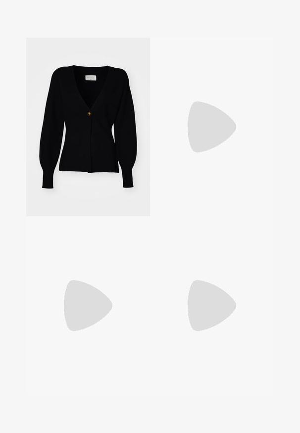 Black knitted cardigan with a deep V-neck, single button closure, and puffed long sleeves, featuring a ribbed texture and fitted silhouette.; Three long-sleeve tops stacked: black, grey, and white. Each has a round neckline and a cropped design with smooth, lightweight fabric.; Black flared pants made from stretchy fabric, featuring a high waistband and flared cuffs with side slits for additional movement.; Gray suede sneakers with white laces, black stripes, and a white rubber sole. Features a circular logo on the tongue and a gum sole.