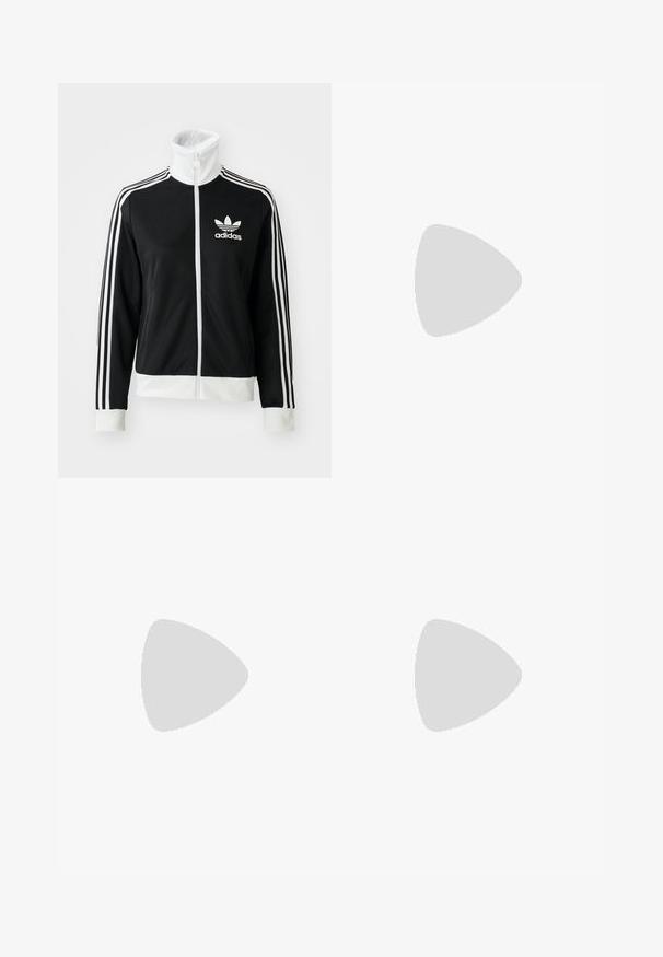 Giacca nera con zip e colletto alto, logo Adidas bianco e tre strisce bianche lungo le maniche, realizzata in tessuto liscio e traspirante.; T-shirt nera in cotone con accenti bianchi sul collo e sulle maniche, caratterizzata da tre strisce bianche su ciascun spalla e un piccolo logo sul petto.; Pantaloni felpati neri a gamba larga realizzati in tessuto morbido, con un elastico in vita e un piccolo logo sul lato sinistro.; Sneaker in pelle nera con strisce bianche e ricami floreali blu. Presenta una suola in gomma marrone e un design con punta arrotondata.