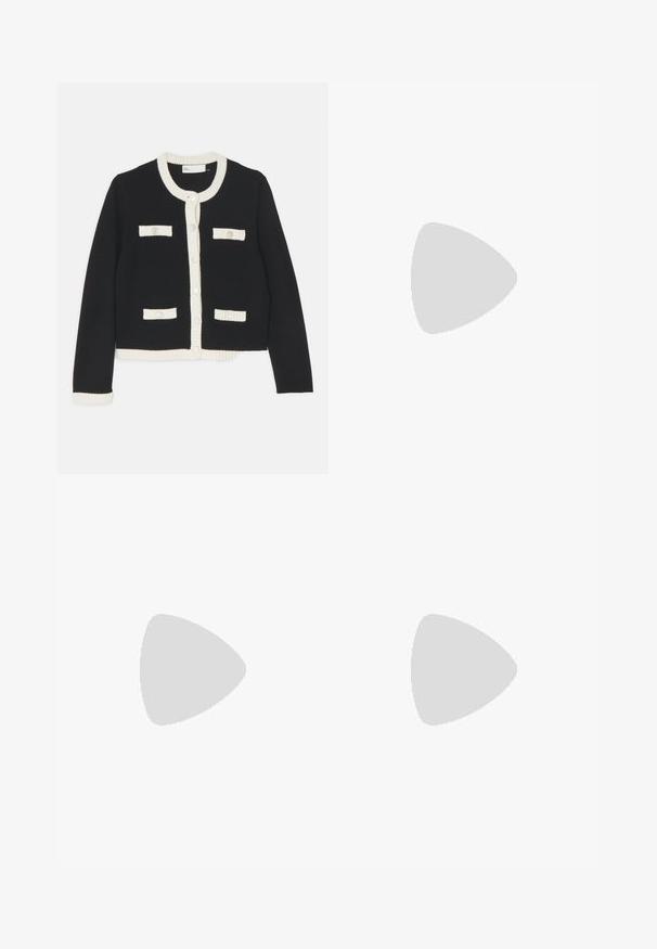 Tory Burch KENDRA CHUNKY TRIM CARDIGAN - Cardigan - black/french cream; White cotton T-shirt with short sleeves, round neck, fitted design, and smooth texture. Logo tag at neckline.; White wide-leg trousers with a high waist, featuring a button closure and subtle stitching details. Made from cotton with a smooth texture.; Black leather pump with a pointed toe, low heel, and a smooth texture. Features a slight opening at the front and minimal hardware at the back.; Black croc-embossed leather bag with a curved shape, gold hardware accents, an adjustable strap, and a logo detail at the front.