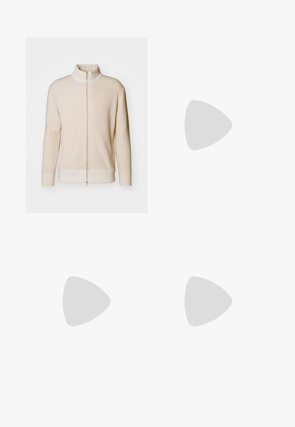 LARDINI Cardigan - beige; White polo shirt made of cotton, featuring a classic collar, three-button placket, and a left chest pocket; small logo at the hem.; White cotton trousers with a straight leg design, visible stains, and a button closure. Features front pockets and a waistband label.; White and light beige athletic sneaker, featuring a mesh upper, perforated detailing, and a textured midsole with branding on the heel.