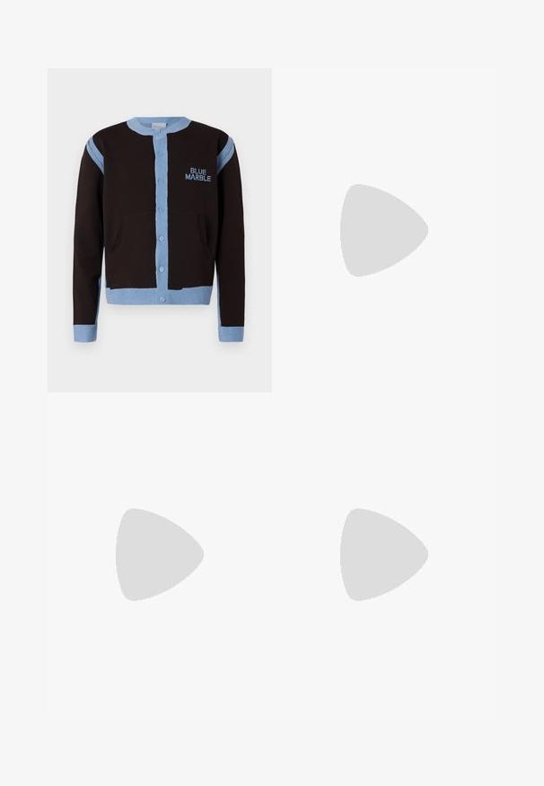 Black cardigan with light blue accents, featuring a button front and pockets. "BLUE MARBLE" logo is embroidered in blue on the chest.; Black cotton t-shirt featuring bold white text design: "DSQUARED2" vertically and "ICON" horizontally on the side. Classic round neckline.; Filippa K TERRY CROPPED TROUSERS - Trousers - sage melange; White leather sneaker with a smooth finish, round toe, flat laces, and a textured sole. Features a subtle logo on the heel.