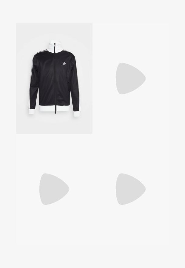 Schwarze Trainingsjacke mit weißen Akzenten, durchgehendem Reißverschluss, hohem Kragen, langen Ärmeln und Adidas-Logo auf der linken Brust. Glatte Stoffstruktur.; Weiße Baumwoll-T-Shirts, kurze Ärmel, Rundhals-Design, schlichte Textur, in einer Reihe gestapelt, mit dezentem Branding am Hals.; Marinefarbene Sporthosen mit elastischem Bund, hellblauen Seitenstreifen und glatter Textur. Enthält Logodetails an der Seite.; Weiße Leder Sneaker mit grauem Wildlederkapp-, drei horizontalen weißen Streifen, blauen Akzenten und brauner Gummi-Sohle. Strukturiertes Detail auf der Sohle.
