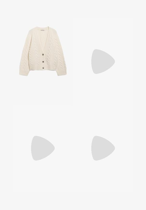 Kreminė megzta kardiganas su V formos iškirpte, pynimo raštu, ilgomis rankovėmis ir penkių mygtukų uždariais priekyje. Minkšta, tekstūruota medžiaga.; Baltas trumpas marškinėliai, plačios trumpomis rankovėmis, minkšta medvilnė, apvali kaklo iškirptė su subtiliu oranžiniu apvadu, minimalus dizainas, be raštų ar grafikų.; Kreminės spalvos plačios kojos džinsai, pagaminti iš džinsinio audinio, su aukštu liemeniu, priekinėmis kišenėmis ir vieno mygtuko uždarymu, užtikrinančiu laisvą prigludimą.; Juodas odinis pavasario batelių modelis su smailiu nosiu, turintis siaurą kulniuką ir auksinės spalvos akcentu reguliuojamoje juostoje. Lygi tekstūra.