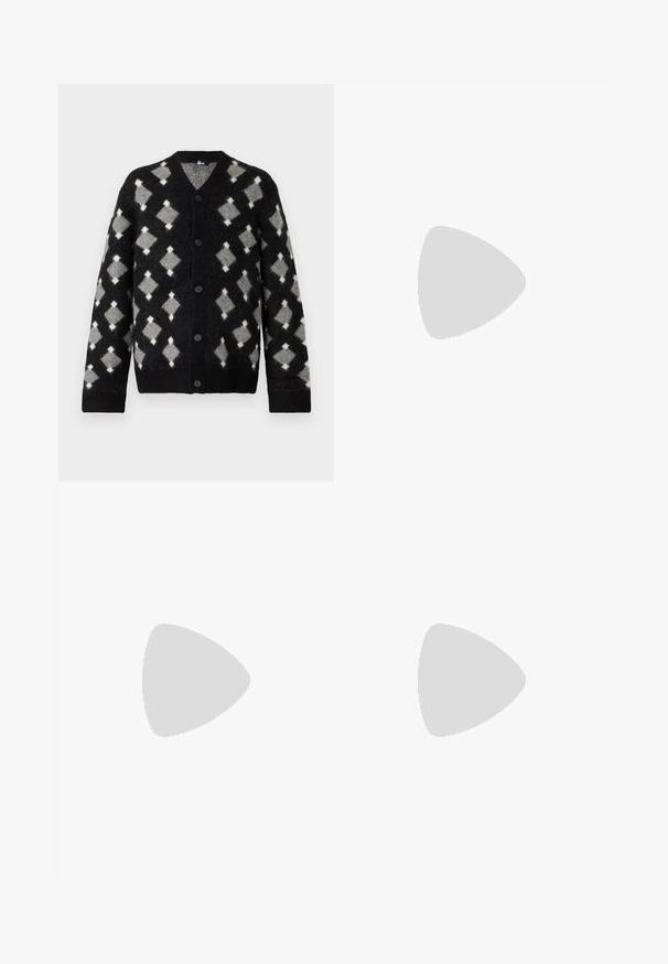 The Kooples Cardigan - black/grey/white; White long-sleeve button-up shirt made of cotton, featuring a chest pocket with tonal embroidery, a collar, and button cuffs.; Brown, high-waisted trousers made of textured fabric. Features wide legs and two front pleats for structure. Neat finish with no visible hardware.; Black leather loafers with a smooth texture, rounded toe, and a decorative strap across the vamp. Low stacked heel, minimalist design.