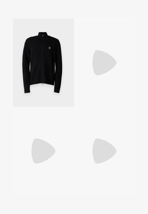 Belstaff WATCH - Cardigan - black; T-shirt a maniche lunghe nera in cotone, con scollatura rotonda e un piccolo logo di coccodrillo ricamato in verde sul lato sinistro del petto.; Jeans di denim azzurro chiaro con una vestibilità ampia, gambe dritte, design a cinque tasche e chiusura con bottone in vita. Dettagli di cucitura minimalista.; Sneaker Lacoste grigie scure in materiale mesh e sintetico, con suola testurizzata e dettagli marroni sul colletto e sul branding.