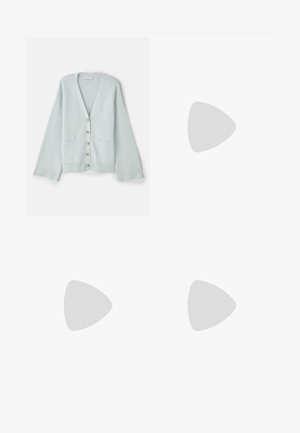 Light green cardigan with a V-neck, long sleeves, front pockets, and six round buttons. Smooth texture and relaxed fit design.; White cotton t-shirt with short sleeves, round neckline, relaxed fit, and stitched hem. Label visible on the inside neck.; White wide-leg trousers made from cotton with a smooth texture. Features a front button, zipper fly, and four-pocket design.; White leather block-heel sandal featuring an ankle strap with a buckle and minimalist design. Open toe and smooth textures throughout.