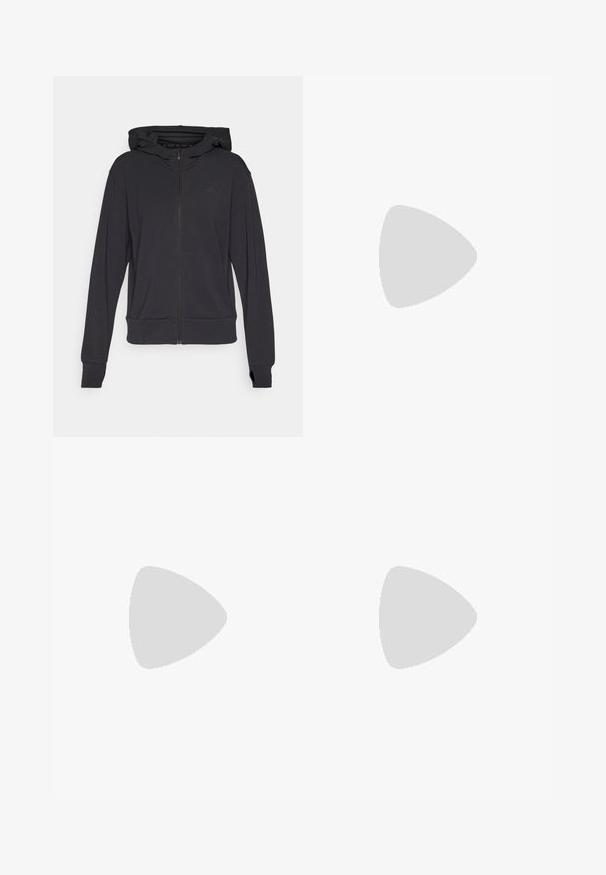 Felpa nera con zip realizzata in tessuto morbido, con cappuccio, maniche lunghe e un logo discreto sulla parte sinistra del petto.; Crop top sportivo nero realizzato in tessuto traspirante, con collo rotondo, senza maniche e logo bianco sul petto.; Pantaloni sportivi neri con un design a strati, realizzati in tessuto leggero. Presentano una vita elastica e un piccolo logo bianco sul lato.; Scarpa da corsa nera con tomaia in rete traspirante, punta rotonda, design elegante, dettagli testurizzati e suola ammortizzata per il comfort.