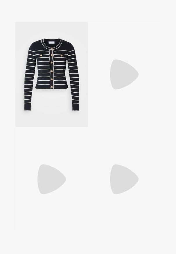 Cardigan blu navy con strisce orizzontali bianche, bottoni dorati e orlo scallop. Presenta due tasche frontali e un collo rotondo.; Top in cotone bianco a spalla larga con spalline sottili. Tessuto liscio senza motivi visibili o decorazioni.; Pantaloni a gamba larga di colore blu navy, realizzati in tessuto leggero. Presentano una superficie leggermente texture, una vita elastica e cuciture frontali.; Sneaker bianca in pelle con finitura liscia, dettagli in suede beige, punta rotonda, design con stringhe piatte e suola in gomma testurizzata.