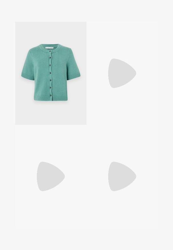 Short-sleeve cardigan in teal, made of textured knit fabric. Features a round neckline, button closure, and ribbed hem and sleeves.; Black cotton t-shirt with short sleeves, featuring a small pink butterfly graphic on the left chest. Crew neck design with a relaxed fit.; Dark blue wide-leg jeans made of denim, featuring a high waist, five-pocket design, and visible stitching along seams.; Black leather pointy-toe pump with an ankle strap and a chunky heel. Flat texture, sleek design, and minimalistic aesthetics.