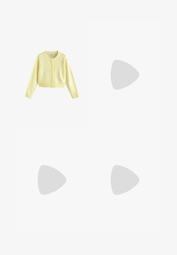 Next REGULAR FIT - CREW NECK  - Kardigan - yellow; Valge ribakujuline tank top, millel on ümmargune kaelus, varrukateta disain ja lühike pikkus. Silt ütleb "JJXX." Sile kangast tekstuur.; Mustad, laiad püksid elastse vöökohtaga, valmistatud siledast kangast. Omab lihtsat disaini, ilma taskute või nähtavate õmbluste detailideta.; Mustmust ja halli nubukist tennisajal on suur kreemjas "N" logo, lilla paelad ja tekstureeritud kummist välispohja.