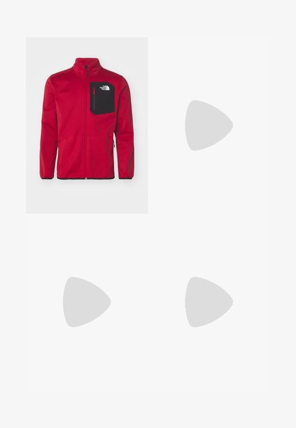 The North Face CREST - Camisola com fecho - garnet red/black; Duas camisetas justas na cor preta e branca. Feitas de algodão canelado, apresentam alças largas e decotes arredondados. Logotipo na gola.; Calças atleticas vermelhas com um cós elástico, bolsos laterais com fecho zipper e três riscas brancas nas laterais. Apresenta um pequeno logotipo na coxa.; Sapatilha atlética branca com parte superior em malha texturada, detalhes refletivos e sola acolchoada. Logótipo da marca destacado na lateral.