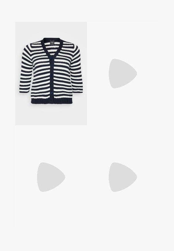 Navy and white striped knit cardigan with three-quarter sleeves, V-neck, and blue buttons along the front. Soft material and ribbed hem.; White cotton t-shirt featuring sheer, embroidered puff sleeves. Classic round neck design with a relaxed fit. Simple and modern aesthetic.; Black cotton trousers with a straight-leg cut, featuring front pockets, a gold button closure, and rolled cuffs. Smooth texture.; Pale pink slingback flats with a pointed toe, made from a smooth leather-like material. Features cut-out details at the sides and a flat heel.