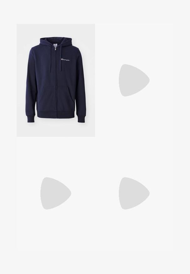 Hoodie zippé bleu marine en tissu mélangé coton, avec un logo sur le devant, deux poches latérales et une capuche à cordon de serrage ajustable.; T-shirt blanc à col rond en coton, avec des manches courtes et un petit logo brodé sur la partie gauche de la poitrine. Texture douce.; Pantalons de sport gris avec une ceinture élastique, un design fuselé, des accents réfléchissants et un petit logo jaune sur la cuisse avant gauche.; Baskets de sport blanches avec une tige synthétique lisse, accent logo noir et détails perforés sur le côté. Semelle en caoutchouc.